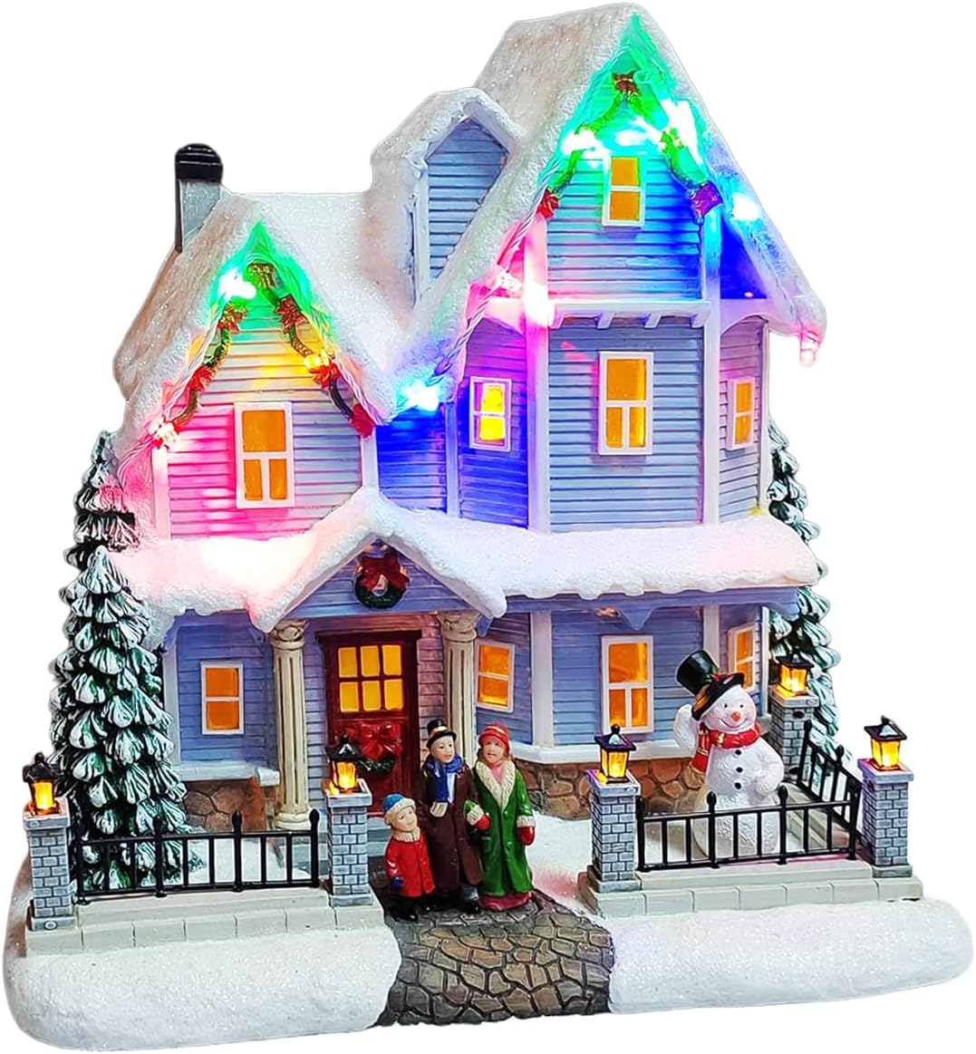 MOMENTS IN TIME Vintage Christmas Village House 8.9” Lighted LED Musical Holiday Building with Snowman, Family Scene & 8 Classic Songs Battery Operated Polyresin Décor