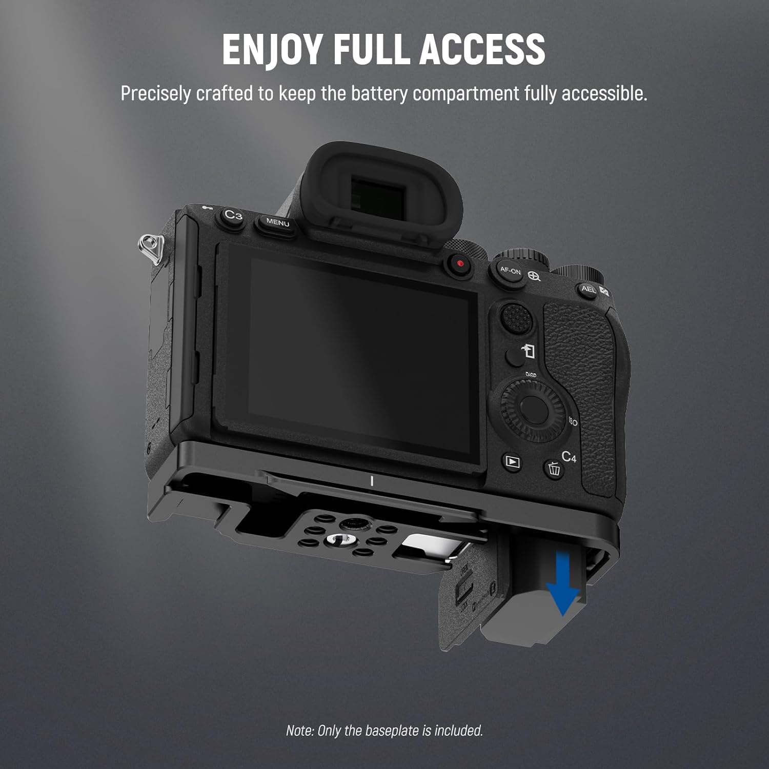 Image demonstrating full access to the camera's battery compartment while the baseplate is attached, with an arrow indicating the battery removal direction.