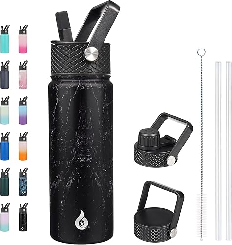 Miniatura 57 de BJPKPK Botellas de agua aisladas con tapa con pajilla, termo frío y caliente de 22 onzas, botella de agua de metal de acero inoxidable con 3 tapas,