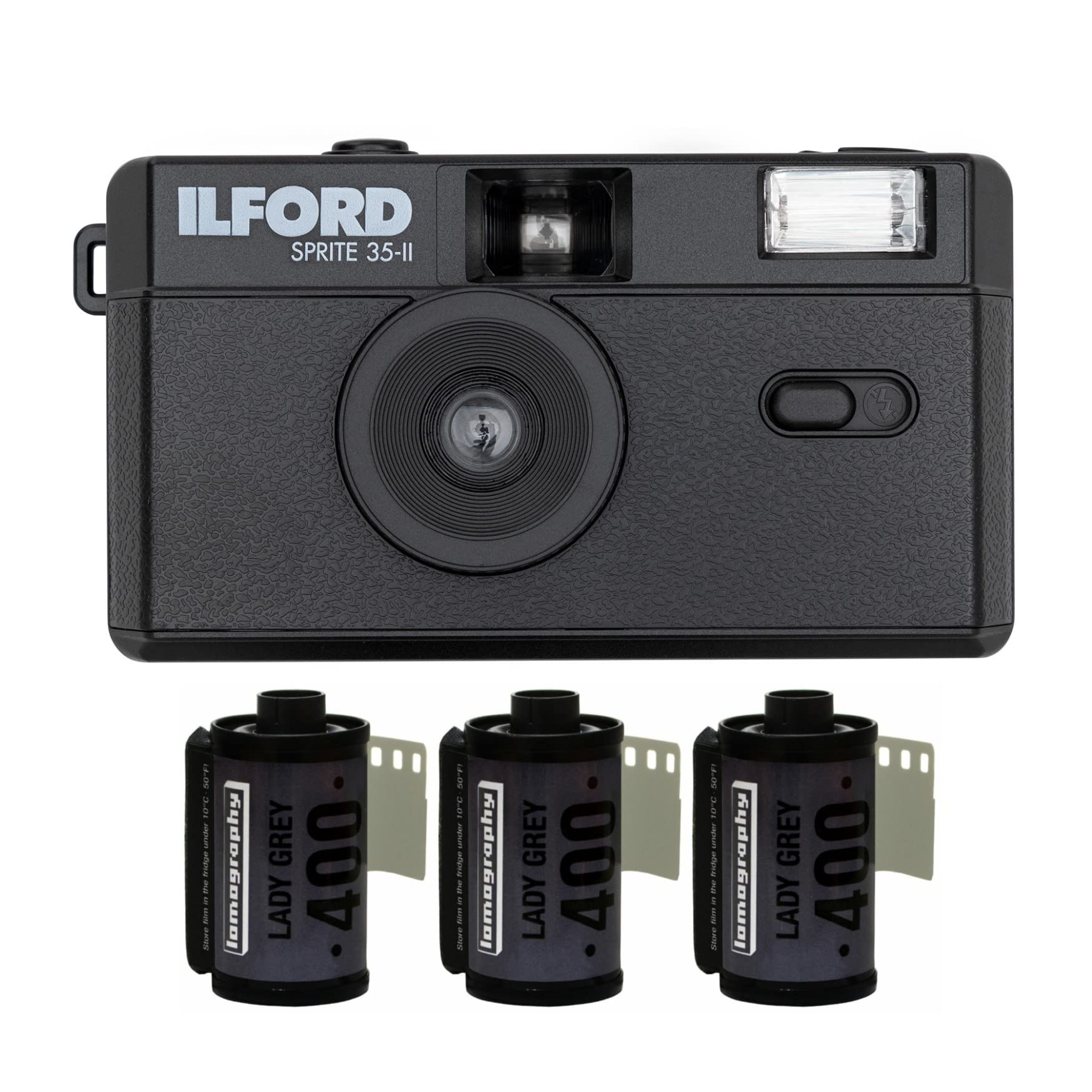 Ilford Sprite 35-II Reusable/Reloadable 35mm Analog Film Camera (Black) Bundle with Lomography Lady 
