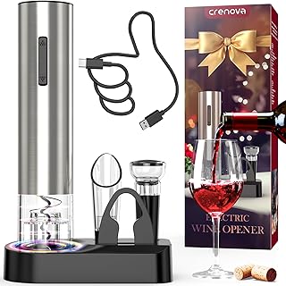 Crenova Wine Opener Electric, Rechargeable Wine Bottle Opener, Automatic Corkscrew with Vacuum Stopper, Aerator Pourer, Foil Cutter, Display Base, House Warming Gifts for New Home Wedding Birthday