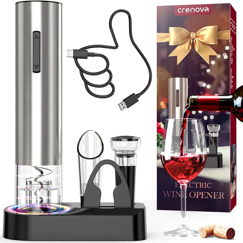 Crenova Wine Opener Electric, Rechargeable Wine Bottle Opener, Automatic Corkscrew with Vacuum Stopper, Aerator Pourer, Foil Cutter, Display Base, House Warming Gifts for New Home Wedding Birthday