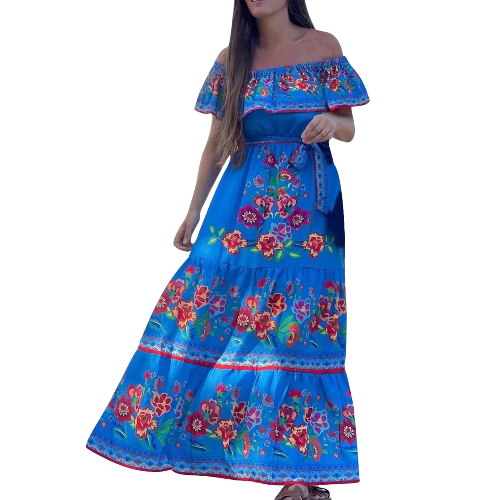 Robe Longue Femme | Mexicaine Traditionnelle | Épaules Dénudées | Jupe Ample | Imprimé Floral Rouge | Bohème Chic Été