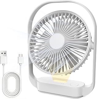 SURFOU Ventilator 4000mAh Akku, Kabelloser Tischventilator mit 4 Stufen und 2 Nachtlicht-Modi, USB-C Wiederaufladbar, Bis zu 20 Std. Laufzeit, für Schlafzimmer, Nachttisch, Büro und Reisen, Weiß