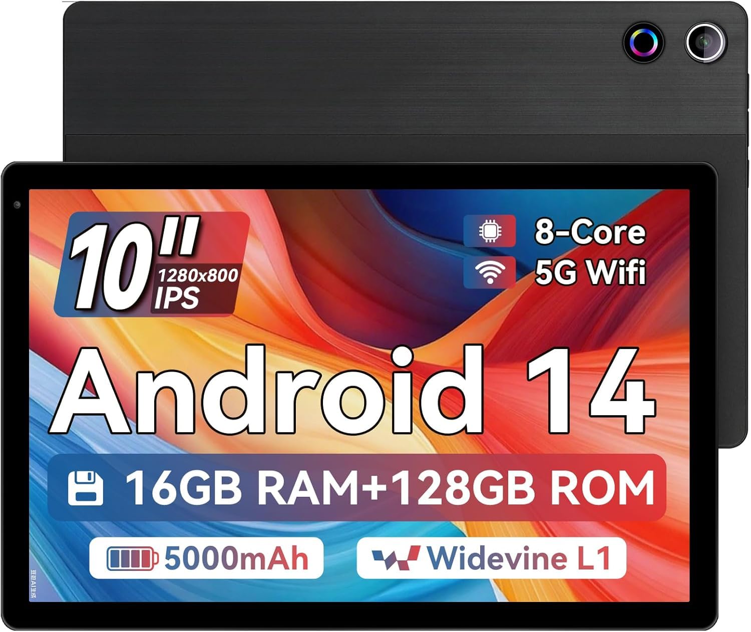 MUISOO 10 Inch Android 14 Tablet, 16GB RAM, 128GB ROM (Expandable to 1TB), Octa-Core Processor, 1280 * 800 IPS HD Touchscreen, 5G/2.4G WiFi, BT 5.0, Dual Camera, 2 Speaker (Black)