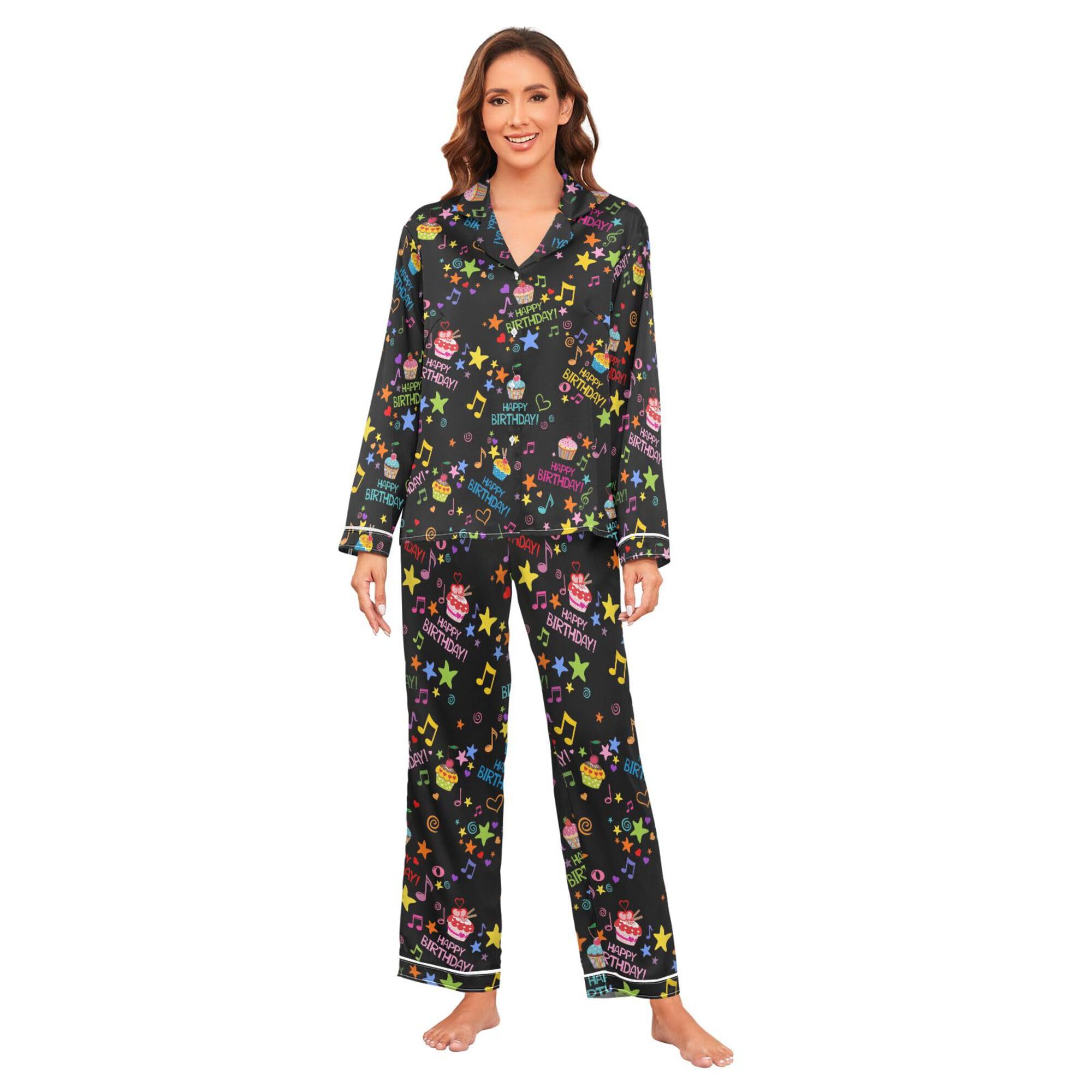 Fisyme Womens Satin Pajama Set Long Sleeve Button Down Sleepwear Nightwear Loungewear Pj Sets S-XXL