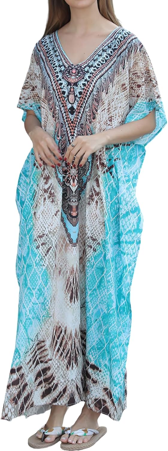 Kaftan Dresses for Women Moo Moos Plus Size Swimsuit Coverup 2026 V-Neck Summer Floral Print Beach Caftan Dress