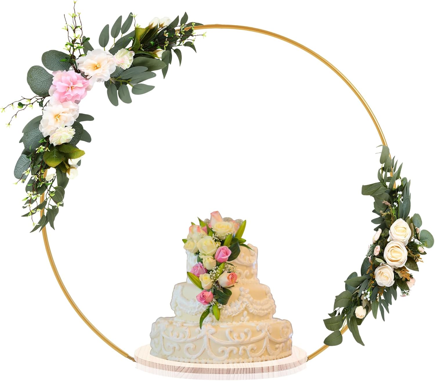 Norme 33.5 Tall Wedding Arch Cake Stand Round Metal Cake Stand for Wedding Reception Hoop Decoration with Wooden Base Floral Decoration Display for Party Events Reception Supplies