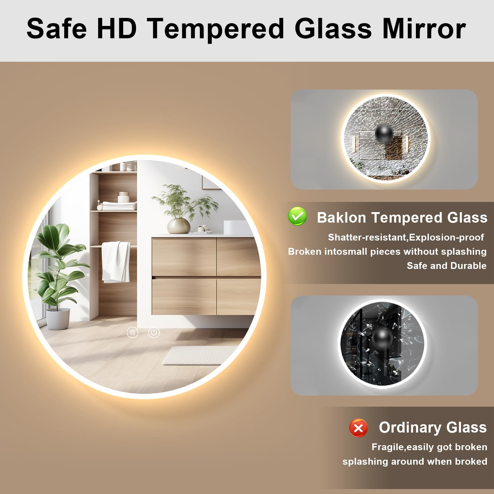 Badspiegel mit Beleuchtung Rund 70cm, Badezimmerspiegel Wandspiegel und Touch-Schalter, IP65-Led-Spiegel-Bad mit Speicherfunktion, 3 Farbtemperatur,dimmbarer,Antibeschlag,HD Hartglas