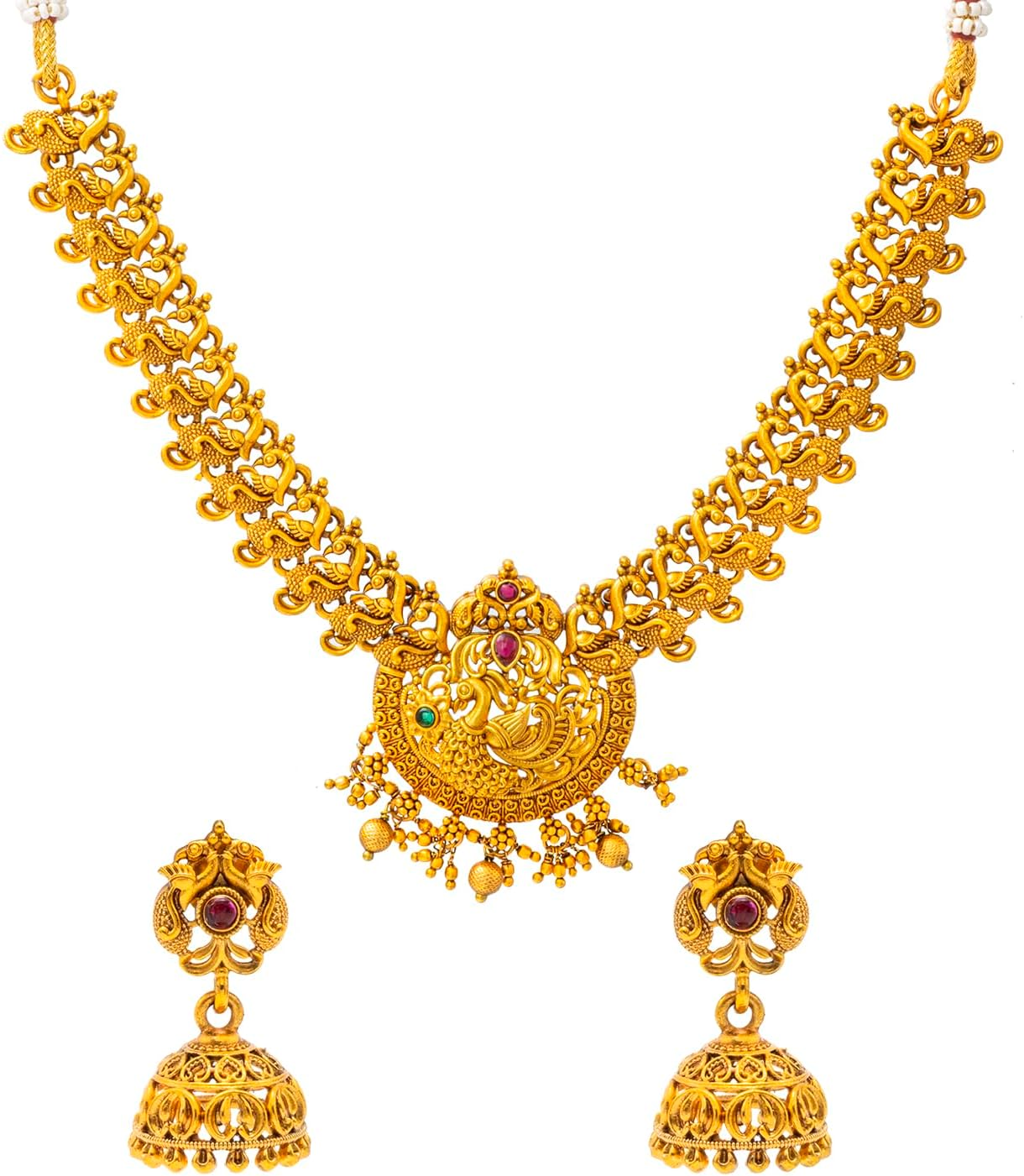 Bodha Antique Matte Gold Plated Temple Jewelry Inspirational Wedding Peacock Design Necklace Jewelry Set for Women SJN_318