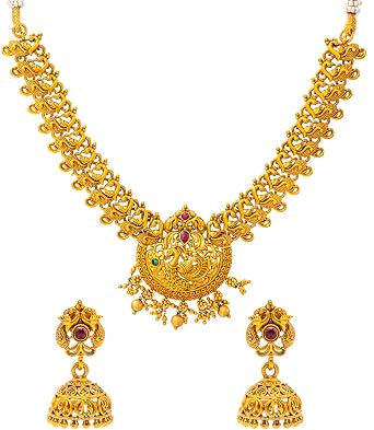 Bodha Antique Matte Gold Plated Temple Jewelry Inspirational Wedding Peacock Design Necklace Jewelry Set for Women SJN_318