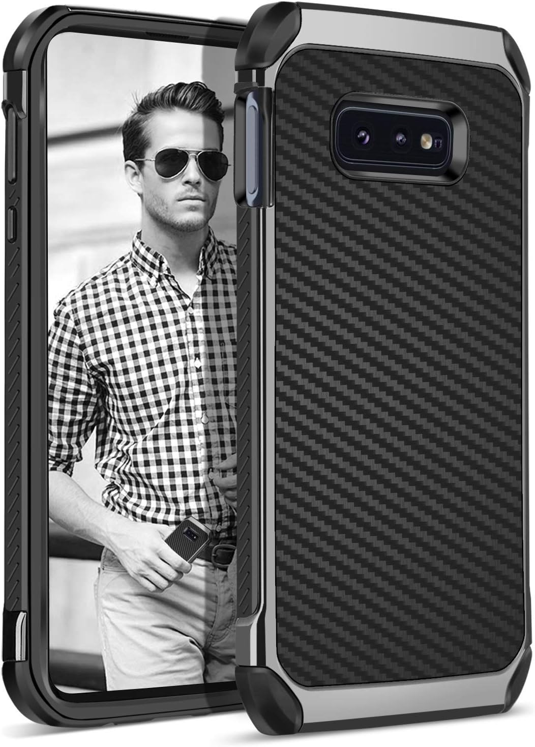 BENTOBEN Case Compatible with Galaxy S10e, 2 in 1 Slim Cool Hybrid Hard PC Cover Laminated with Carbon Fiber Chrome Anti-Scratch Shockproof Protective Case for Samsung Galaxy S10e 5.8 inch, Black