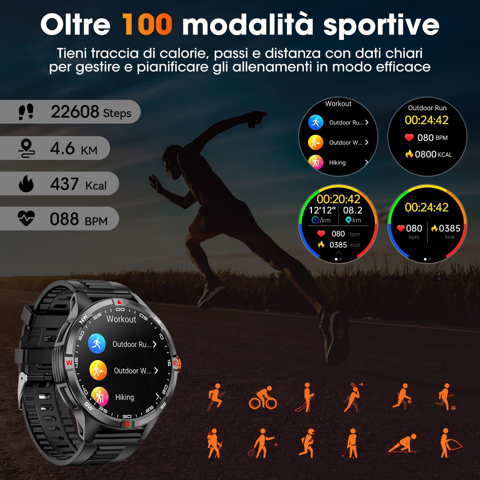 Smartwatch militare da uomo, grande capacità, batteria da 1000 mAh, schermo HD da 1,46", con monitoraggio chiamata/sonno, modalità multi-sport, fitness tracker, per Android/iPhone