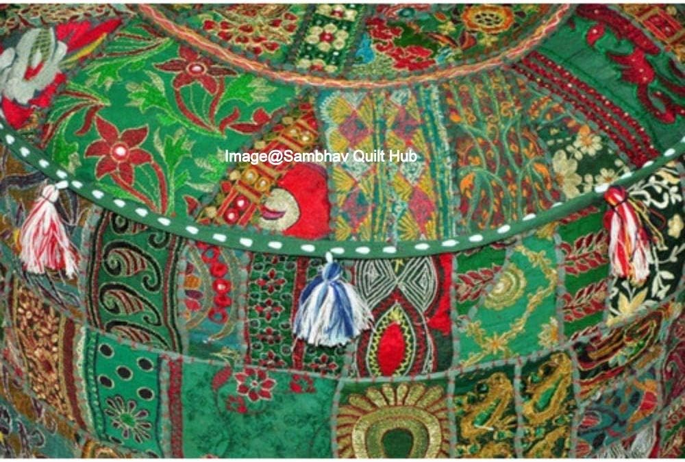 Green Pouffe Round Embroidery Vintage Ottoman Pouf Cover,Patchwork Ottoman, Living Room Patchwork Foot Stool Cover,Decorative Handmade Home Chair Cover (14X22 inch)