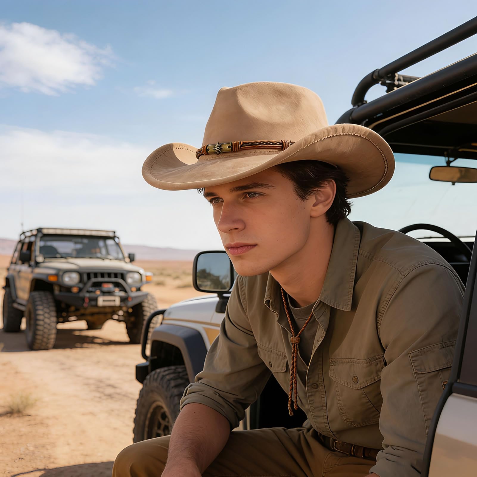 MYKAGS Chapeau de Cowboy Classique pour Les Hommes et Les Femmes, Chapeau en Daim extérieur Large Bordure, Chapeau de Cowboy Brun à la Mode avec Bande en métal crâne Parfait pour Les fêtes (Chameau)