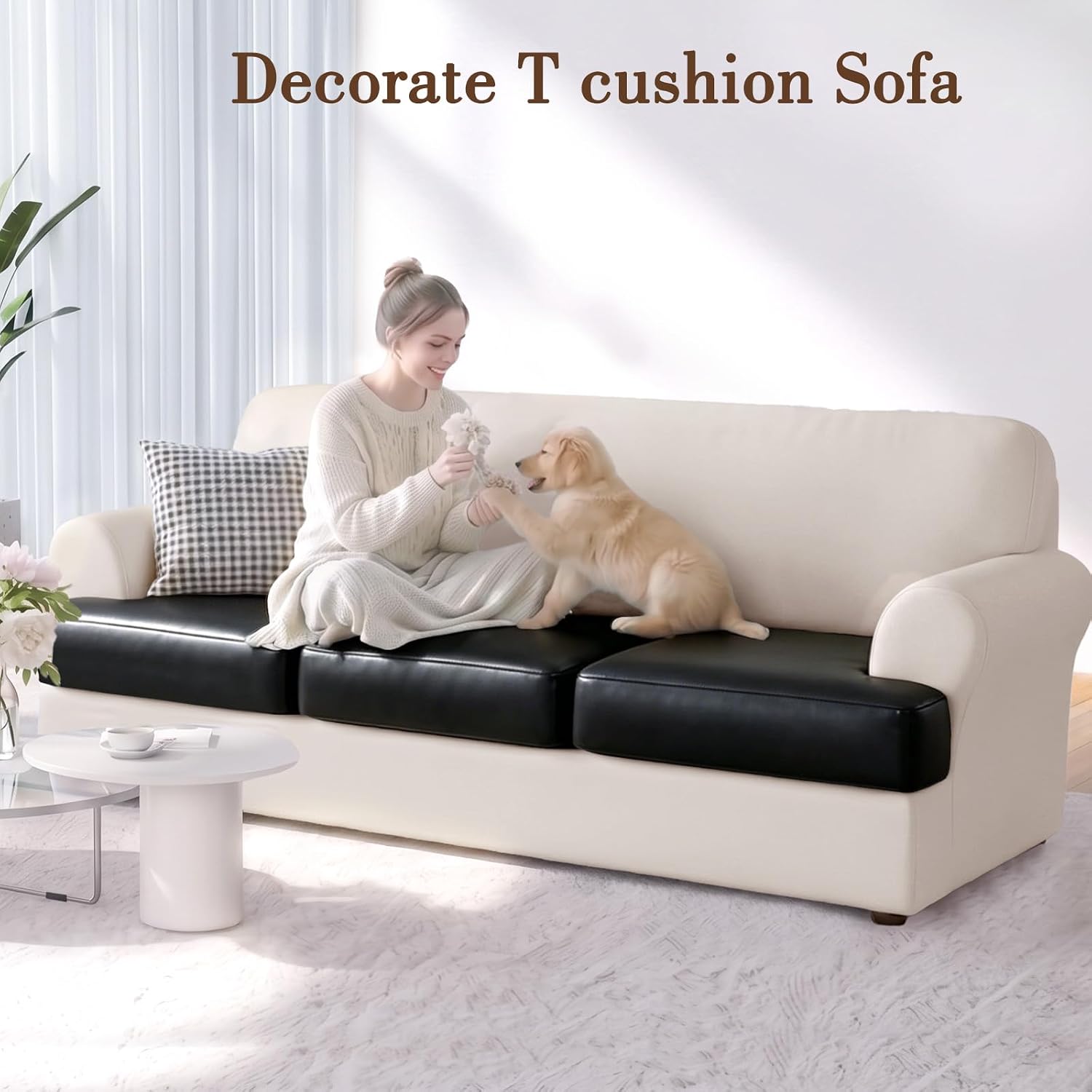 PU Leather T Cushion Couch Covers Waterproof Couch Cushion Slipcover Non-Slip T Sofa Seat Covers Scratch-Resistant Sofa Cover for Pets & Kids (Black, 3 Cushion Sofa)