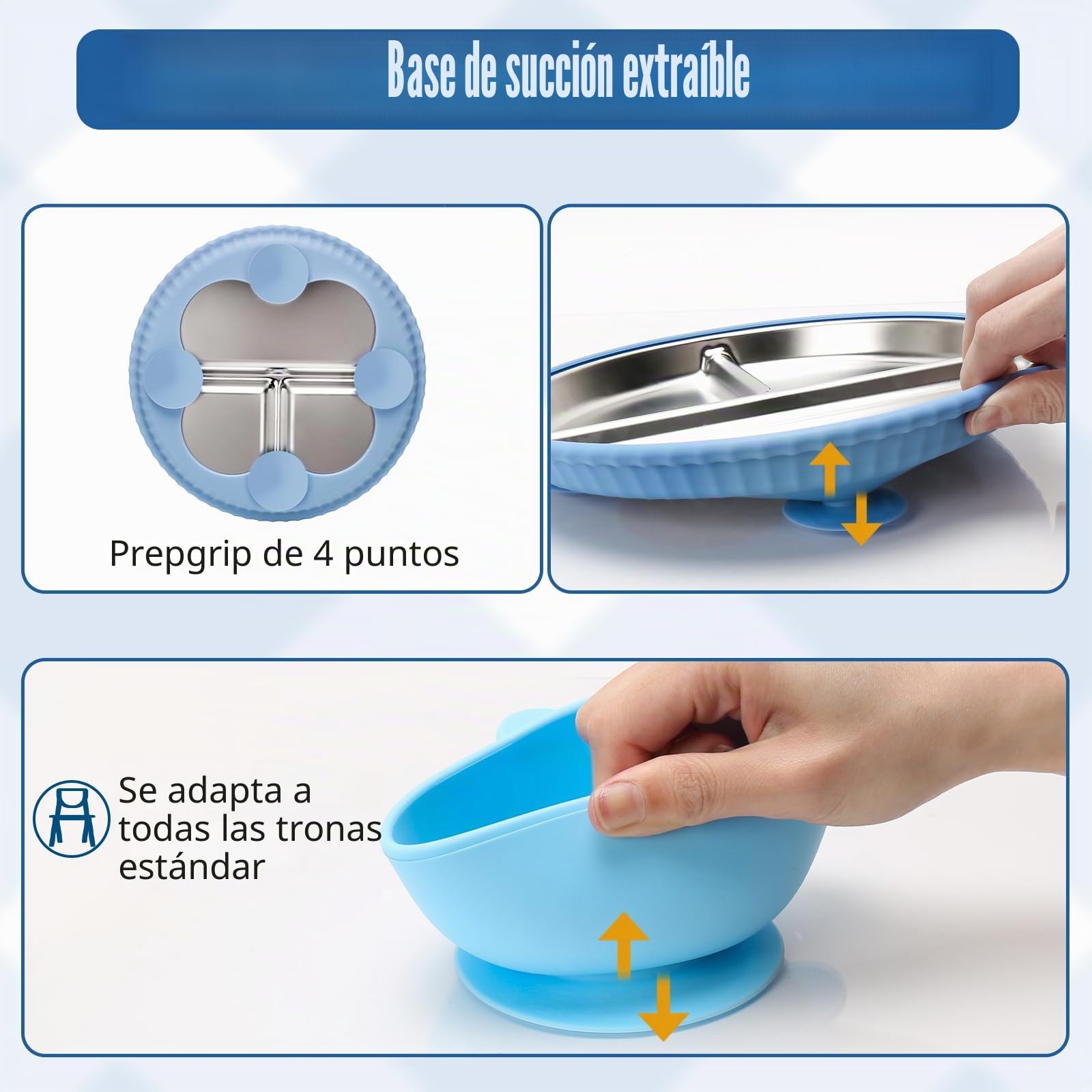 CLDY - Juego de 4 platos y tazones de acero inoxidable para bebés - Base de silicona 100% con ventosa - Platos de destete para niños pequeños - Platos divisores irrompibles - Sin BPA