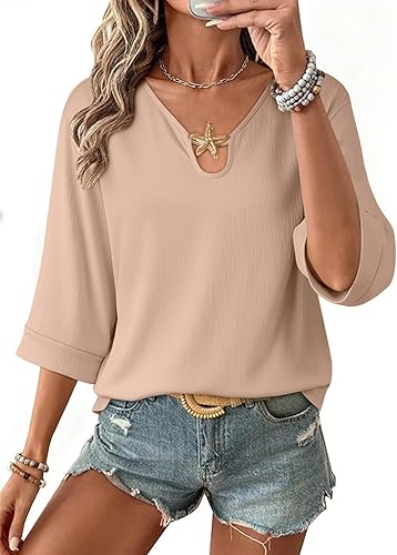 SHEWIN Womens Tops 3/4 Sleeve Blouses Summer Business Casual Work Dressy Shirts Spring Elegant Flowy Loose 2026 Fall Solid Fashion Clothes Size 2XL, Apricot
