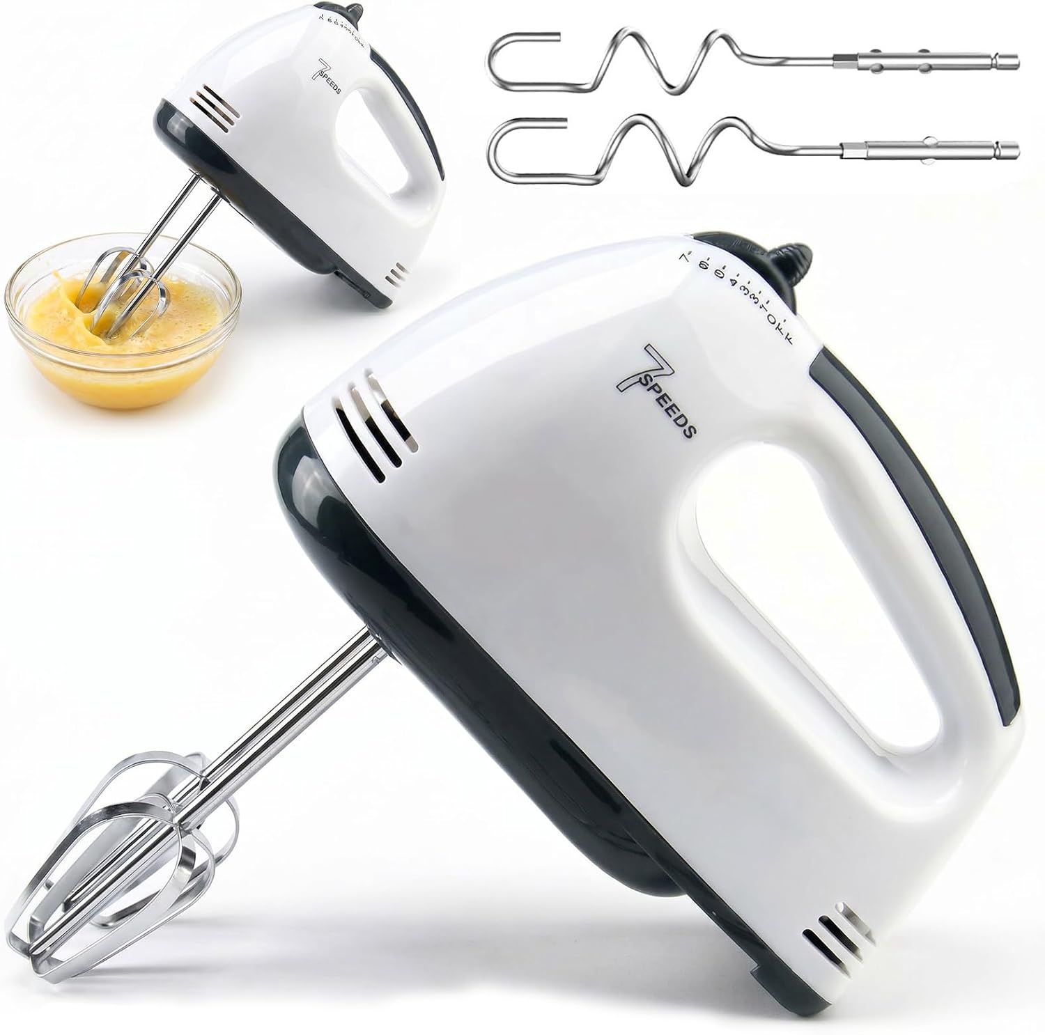 Electric Hand Mixer, Small Food Mixer, Dishwasher-Safe Stainless Steel Whisk and Dough Hook, Turbo Level & 5 Speed Levels, Ergonomic, with Ejection Button, Compact and Practical