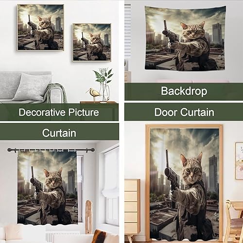 Miniatura 4 de Juego de cortinas de ducha con diseño de gato y gatito soldado con pistola, fondo moderno de ciudad, juego de cortinas de baño con ojales y ganchos,