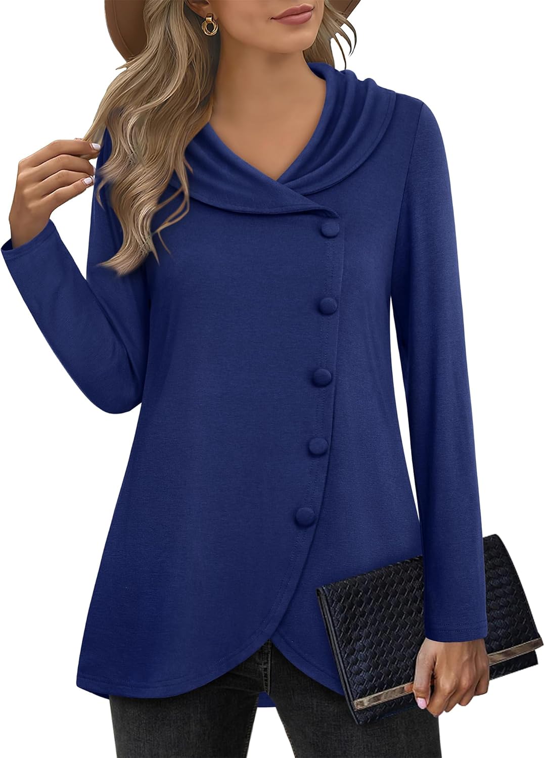 VALOLIA Womens Long Sleeve Tops Fall Winter Buttons Side Tulip Hem Lapel Pullover Sweatshirt