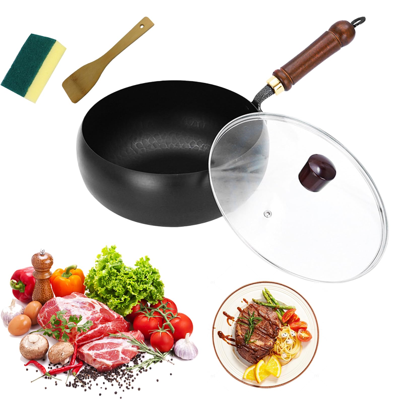 Suntuup Japanese Iron Pan 10.24 Inch - Hand-Forged, Uncoated, Non-Stick, For Gas & Induction, Includes Lid & Spatula