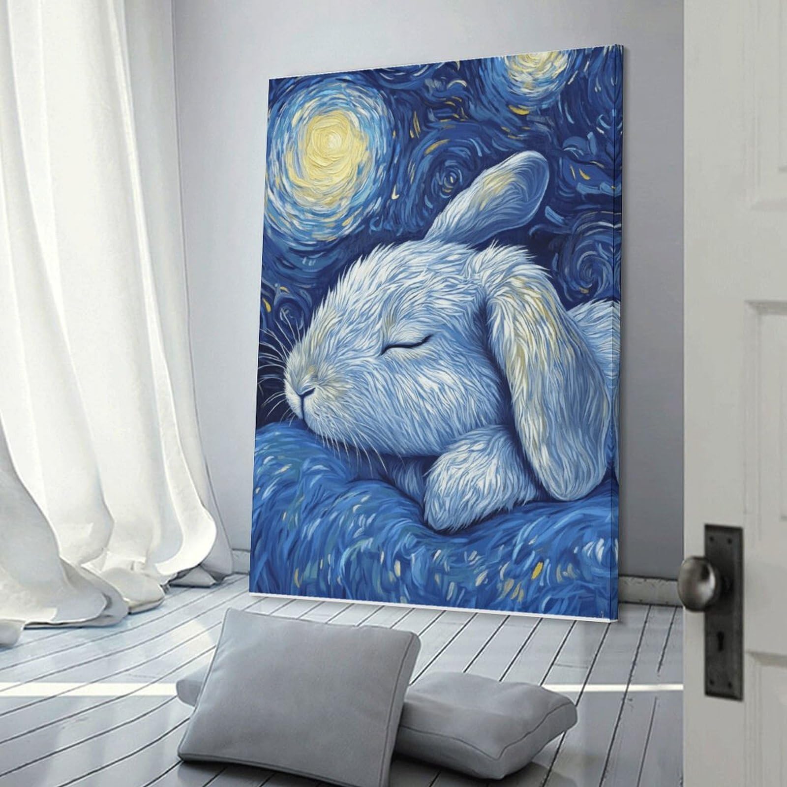 Junmoney Frame-Style-7 Wall Picture Print Starry Night Bunny Art Print, 16X24inch(40X60cm), For Wall Displays, Bedrooms Or Room Updates, Wall Decor Suited To Curated Displays