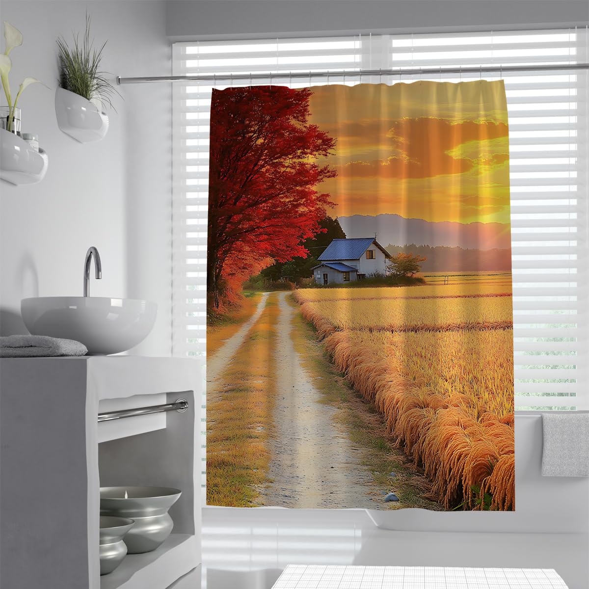 UERWOWELL Country Cottage Shower Curtain Golden Rice Field and Red Maple Bath Curtain with Hooks Waterproof Polyester Fabric Farmhouse Bathroom Decor W180xL180 cm
