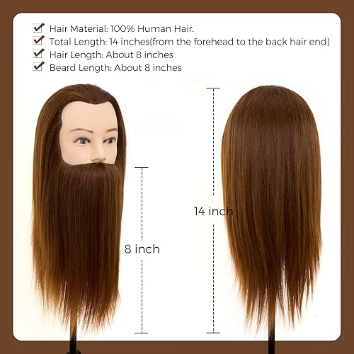 Miniatura 2 de Neverland Beauty - Cabeza de maniquí masculino con cabello 100% real, cabeza de maniquí de barbero de 14 pulgadas, cabeza de maniquí de barba recta