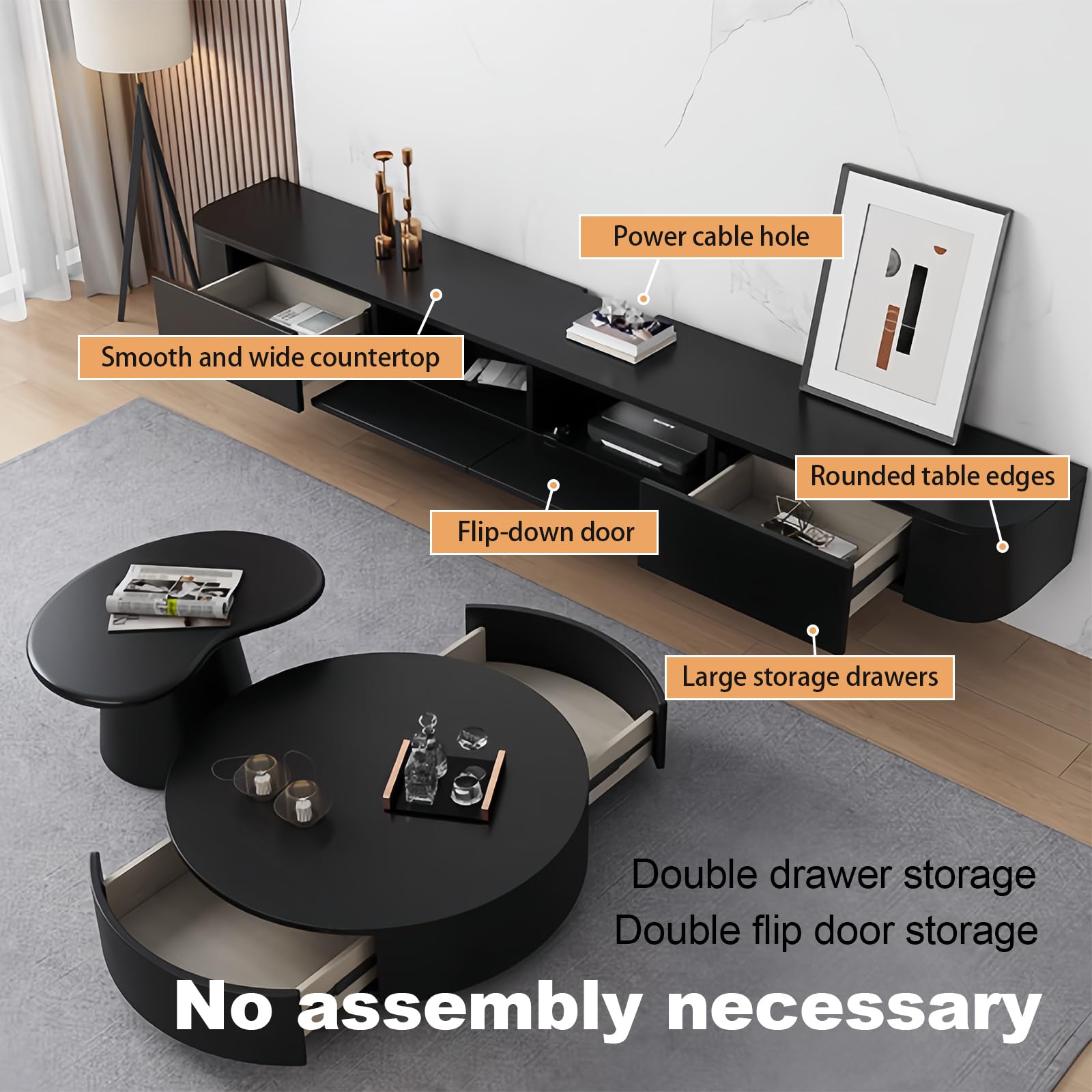 Schwebender TV-Ständer 260cm - Wandmontierte TV-Konsole Mit Schubladen In Weiß