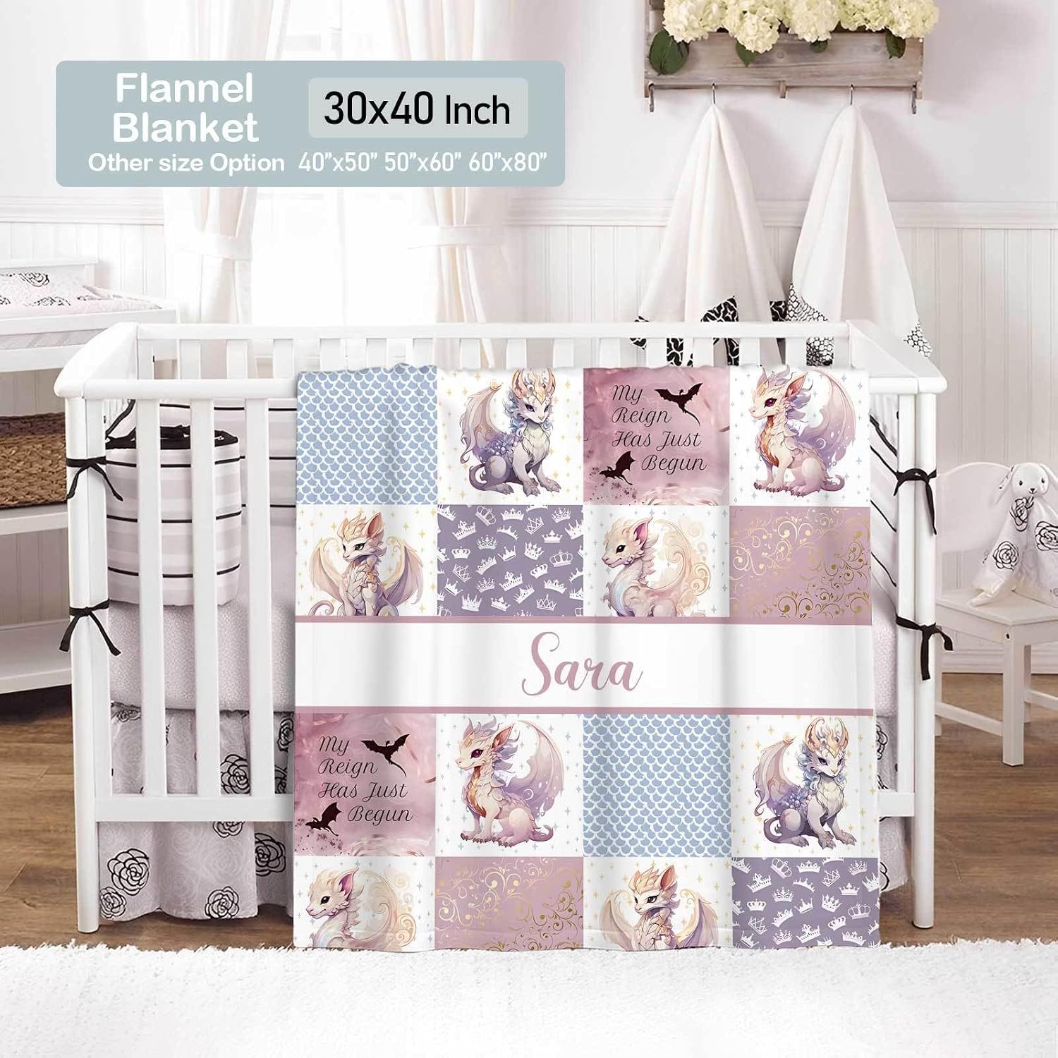 Personalized Baby Crib Bedding Set for Girls, Custom Name 3 Piece Nursery Bedding with Soft Flannel Blanket, Fitted Crib Sheet & Pillowcase, Dragon Pink Baby Bedding