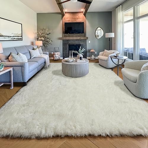 PAGISOFE Area Rugs 9x12 Living Room, Washable Cream White Fuzzy Shaggy Rugs for Bedroom, Office Ivory Fluffy Nursery Carpet Boys Girls Dorm Extra Large Pastel Rug for Kids Room Home Decor Aesthetic