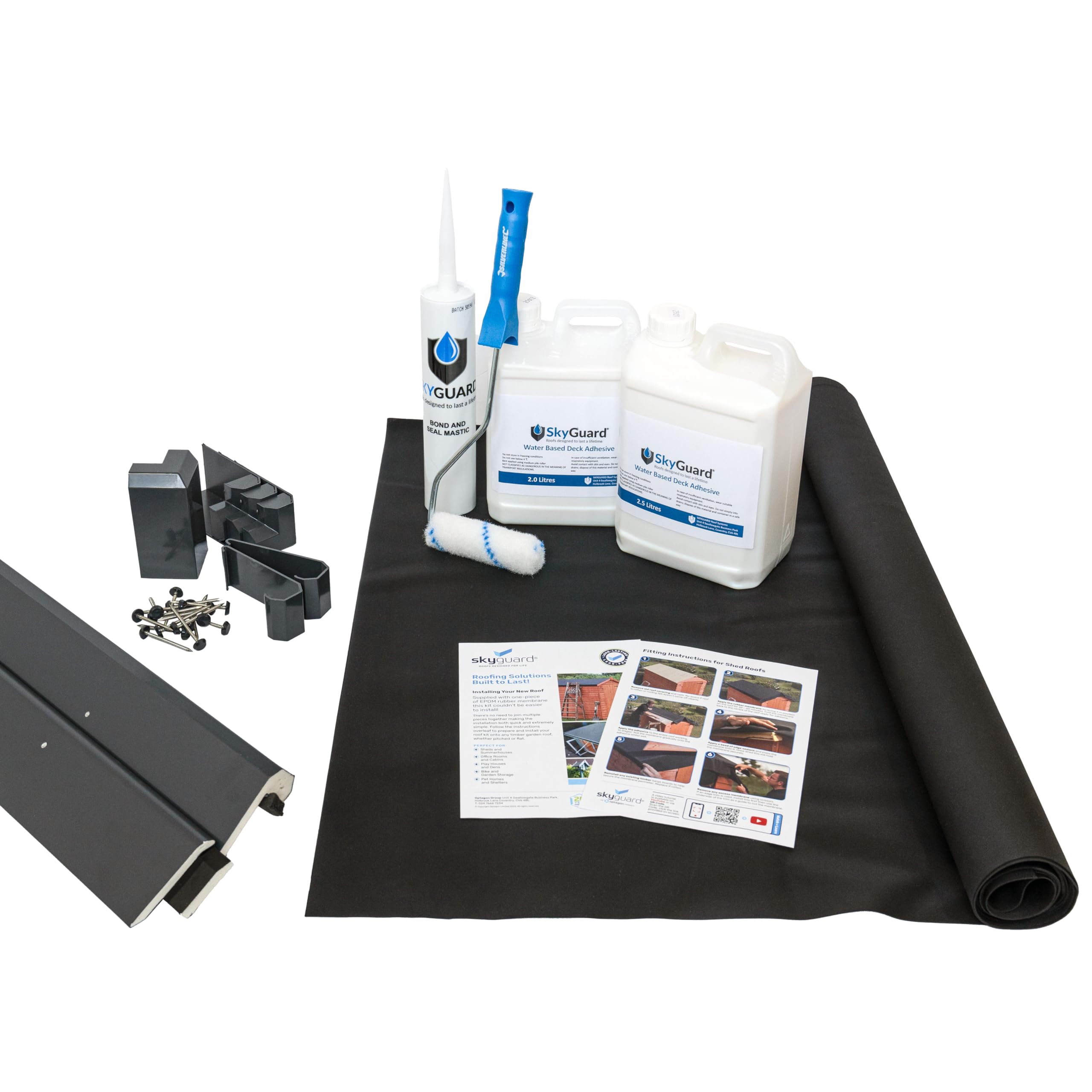 SkyGuard Rubber Roof Kit For Garden Rooms & Outbuildings, EPDM Membrane, Quality u-PVC Trims & Adhesives - Longer Lasting Alternative to Roofing Felt for Sheds (Anthracite Grey Trims, 2.1m x 2m)