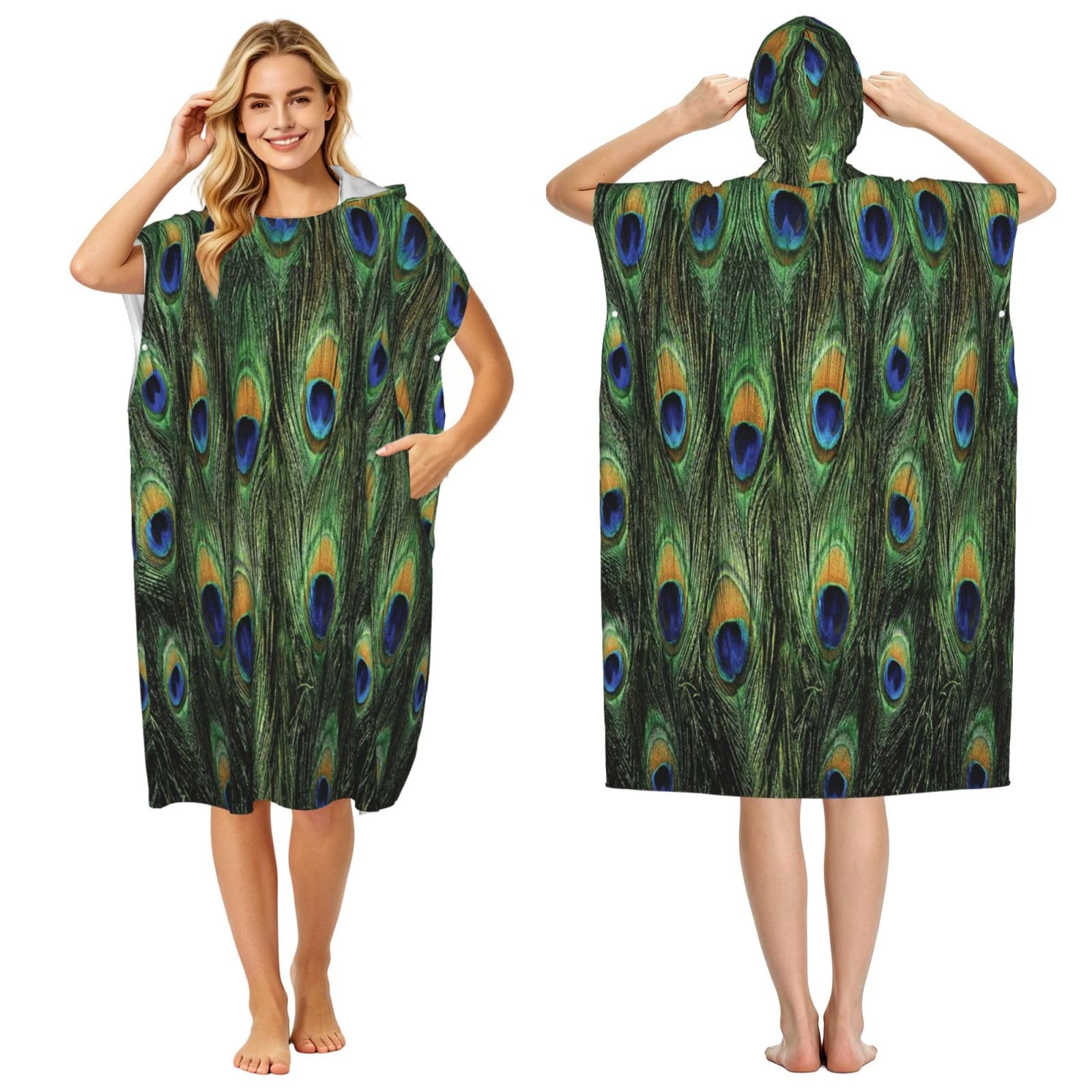 Poadnly Peacock Tail Feathers, Adult Hooded Beach Towel 90 x 110 cm,Changing Bath Robe, Surf Poncho Towel For Women Men