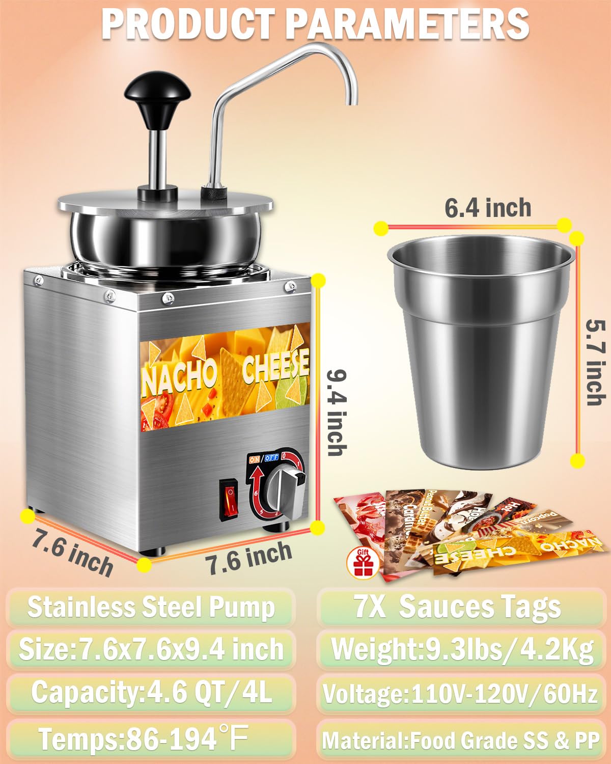 Dispensador de queso Nacho, calentador de queso nacho de 4.6 cuartos de galón con bomba de acero inoxidable, calentador de dulce caliente con ajuste de temperatura de 6 niveles, máquina dispensadora