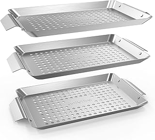 Onlyfire Mini Three-piece BBQ Grill Basket, Stainless Steel Rectangle Grilling Basket, Vegetable BBQ Basket with Handle, 12.6" x 7.3" x 0.7", Grill Basket Set for Meat & Vegetables