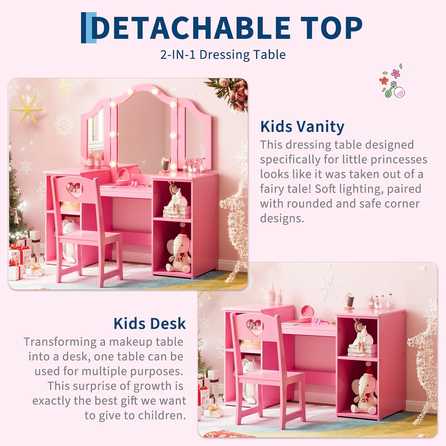 Kids Vanity Table with Light, 2 in 1 Princess Makeup Desk with Touch Light Detachable Tri-Folding Mirror, Open Storage Shelves, Wood Makeup Playset with Chair, Princess Vanity Table for Little Girls