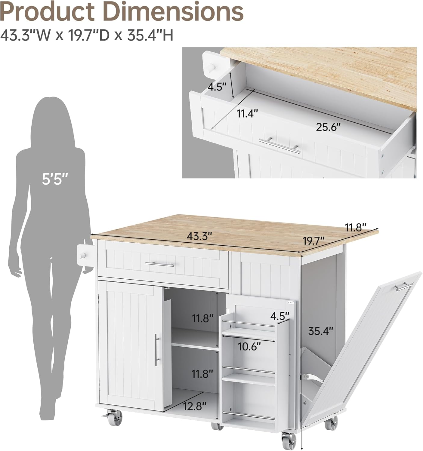 Rolling Kitchen Island with Drop Leaf, Kitchen Island Cart on Wheels with 43.3" W Top, Portable Kitchen Cart with Trash Can Storage, Kitchen Islands with Storage for Small Space, White