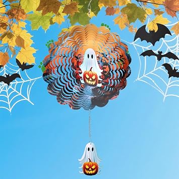 Rngmsi Halloween Wind Spinners Outdoor, 3D Metal Ghost Pumpkin Wind Spinner Hanging Decor Kinetic Art for Yard, Stainless Steel Home Yard Garden Ornaments Decorations Hanging Gifts12 X 12inches