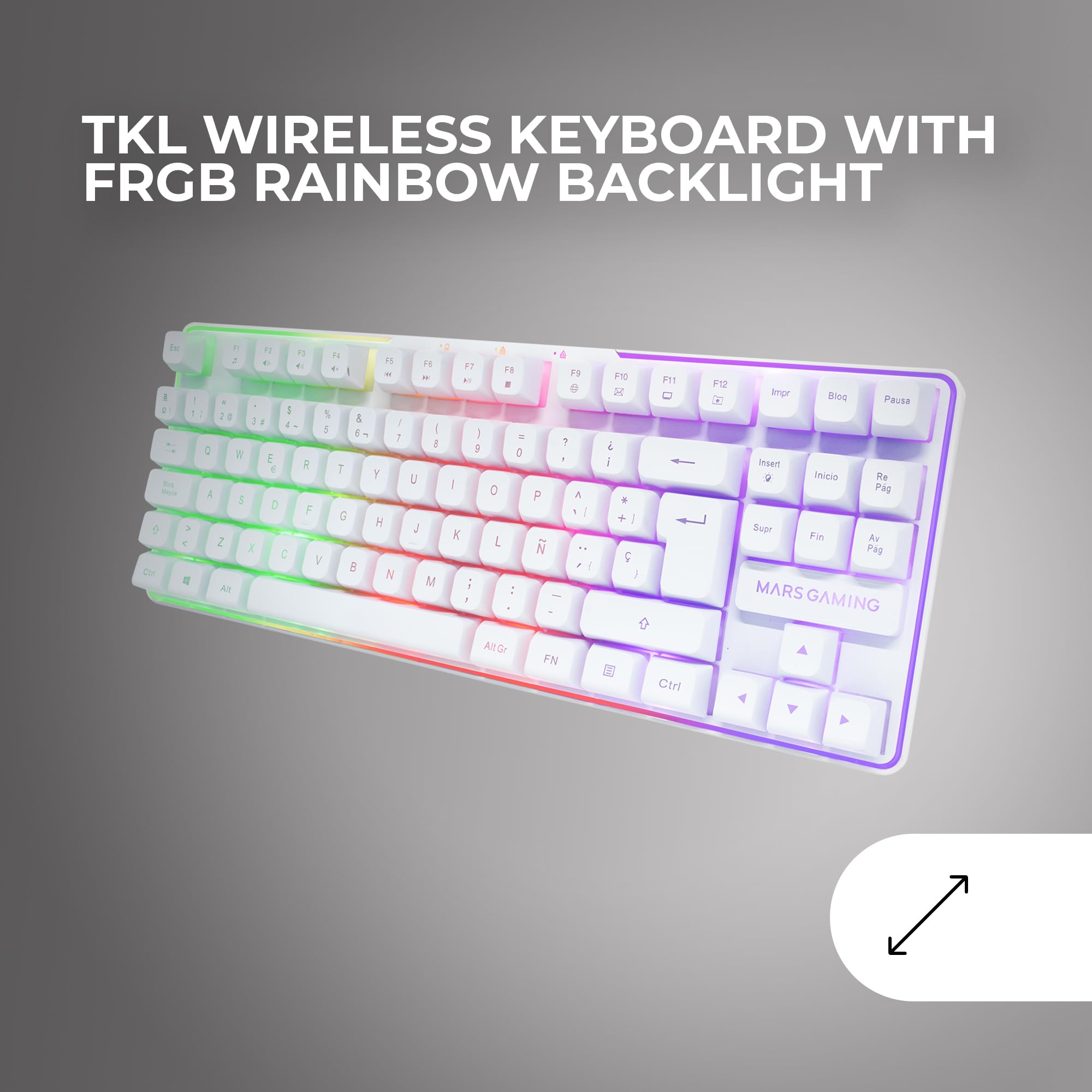 Mars Gaming MCPWTKL, Bezprzewodowy Zestaw Gaming, Technologia DualPro Link 2.4GPRO, Klawiatura TKL FRGB Rainbow + Mysz RGB 3200DPI z Przełącznikami HUANO + Podkładka 360x260mm, Biały, Angielski US