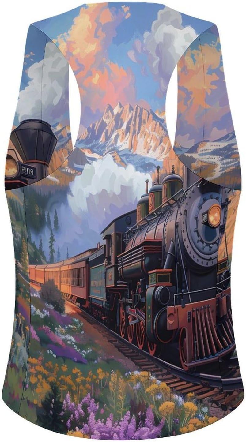 Steam Engine Train Women's Tuxedo Waistcoat Suit Vest | 3 Button V-Neck Slim Fit Casual Sleeveless Top