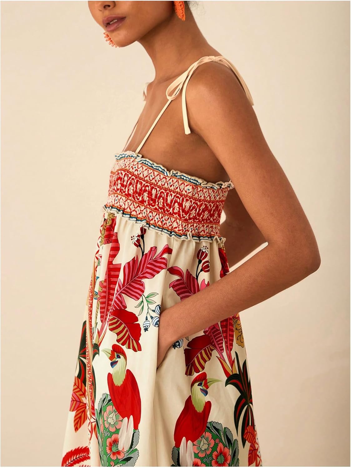 WDIRARA Women's Boho Floral Sleeveless Ruffle Maxi Dress Tropical Graphic Tie Shoulder Smocked Cami Dresses - Image 2