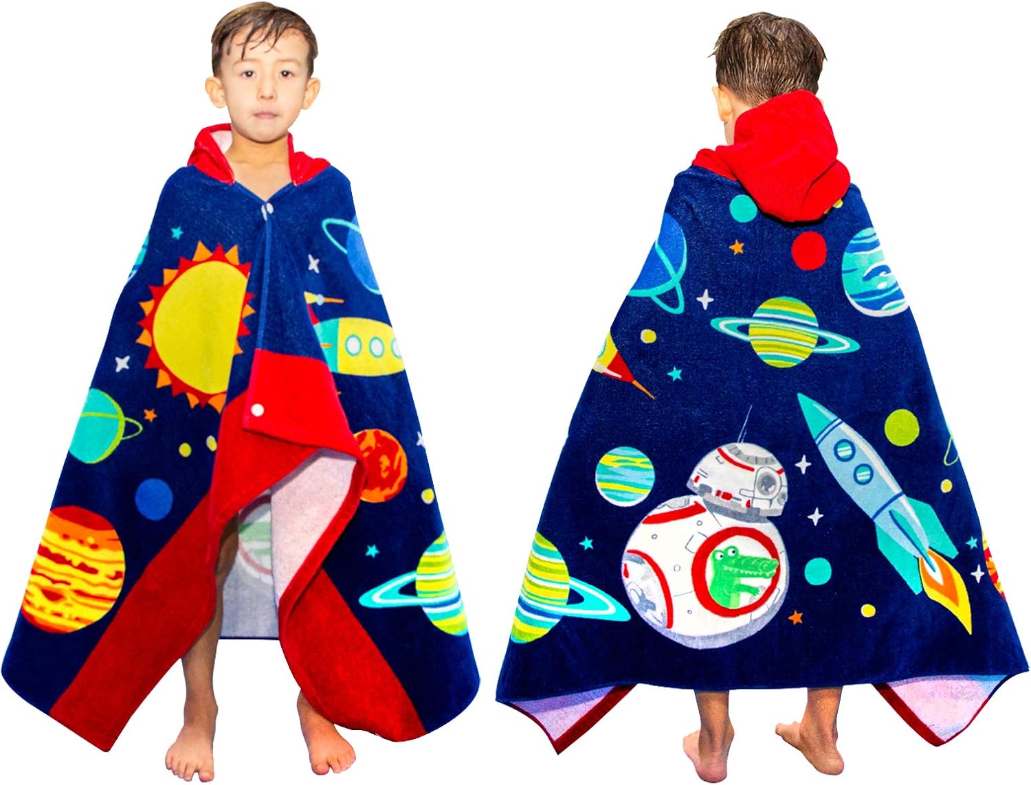 Bath Beach Towel for Kids, Poncho for Bath Pool Beach Swim Pool Cover Up, Soft Comfortable Hooded Towel Wrap for Boys Girls, 3-12 Years Old, 30" X 50" (Rocket)