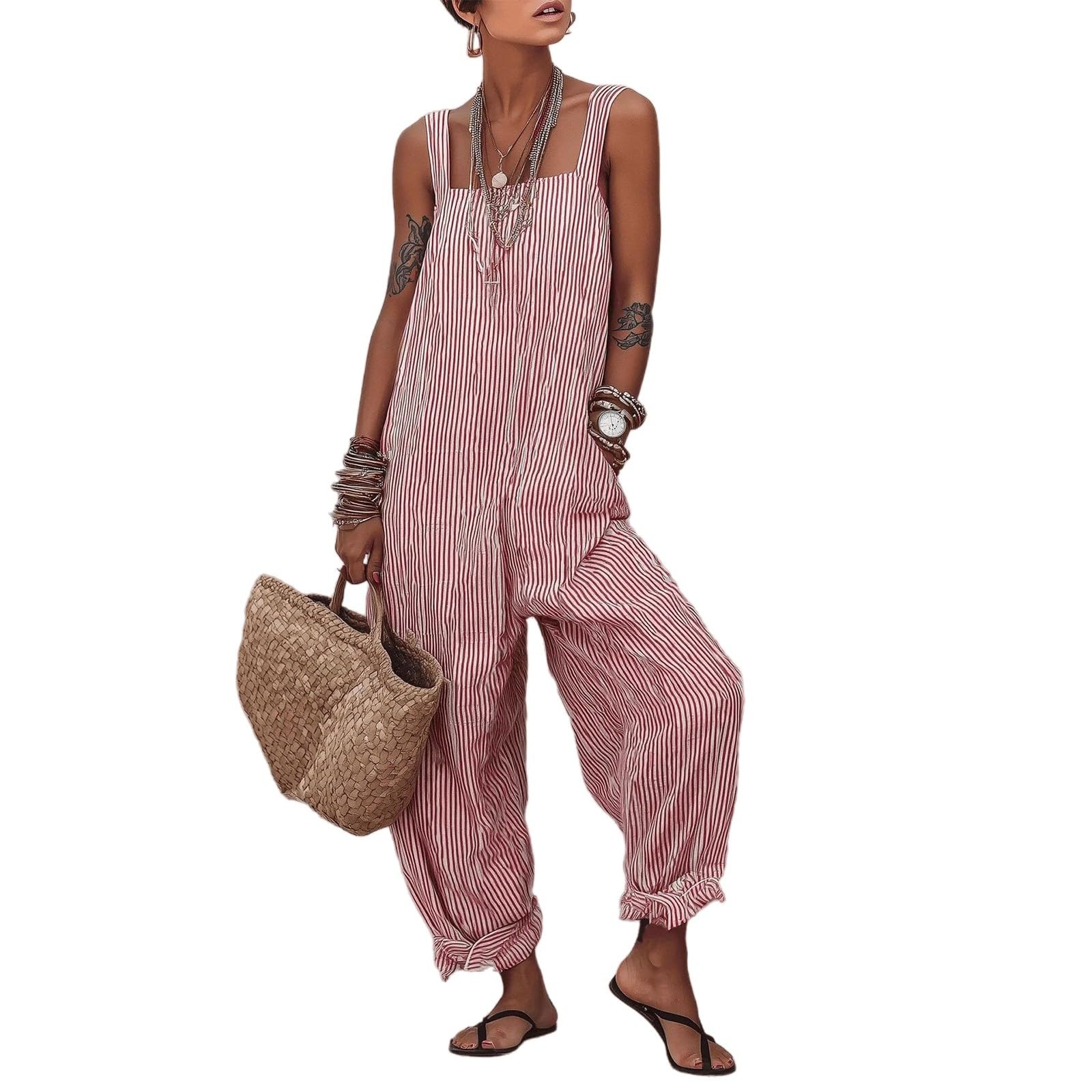Generisch Salopette da donna lunga a gamba larga, tuta a righe, senza maniche, tuta da spiaggia, oversize, baggy playsuit, leggera e traspirante, pantaloni per il tempo libero, comodi pantaloni estivi