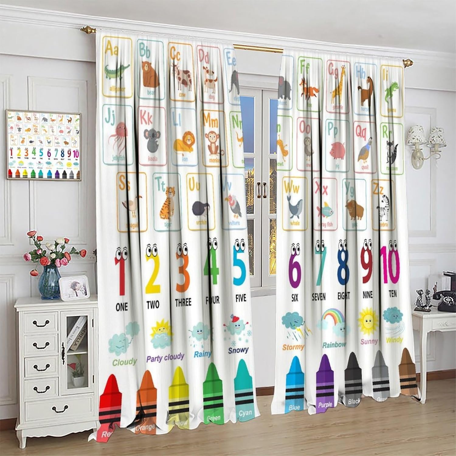 Cartoon Alphabet ABC Curtains, Funny Colorful Animals Learning Educational Theme Window Treatments for Kids Bedroom Living Room Nursery Kitchen Drapes, 42x45 Inch