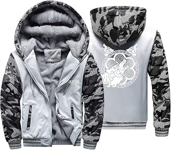 Fenrir Wolf Thick Fleece Zip Hoodie, Viking Warm Big Pockets Sweatshirt, Norse Celtic Pagan Casual Jacket Streetwear,Light Gray,XXL
