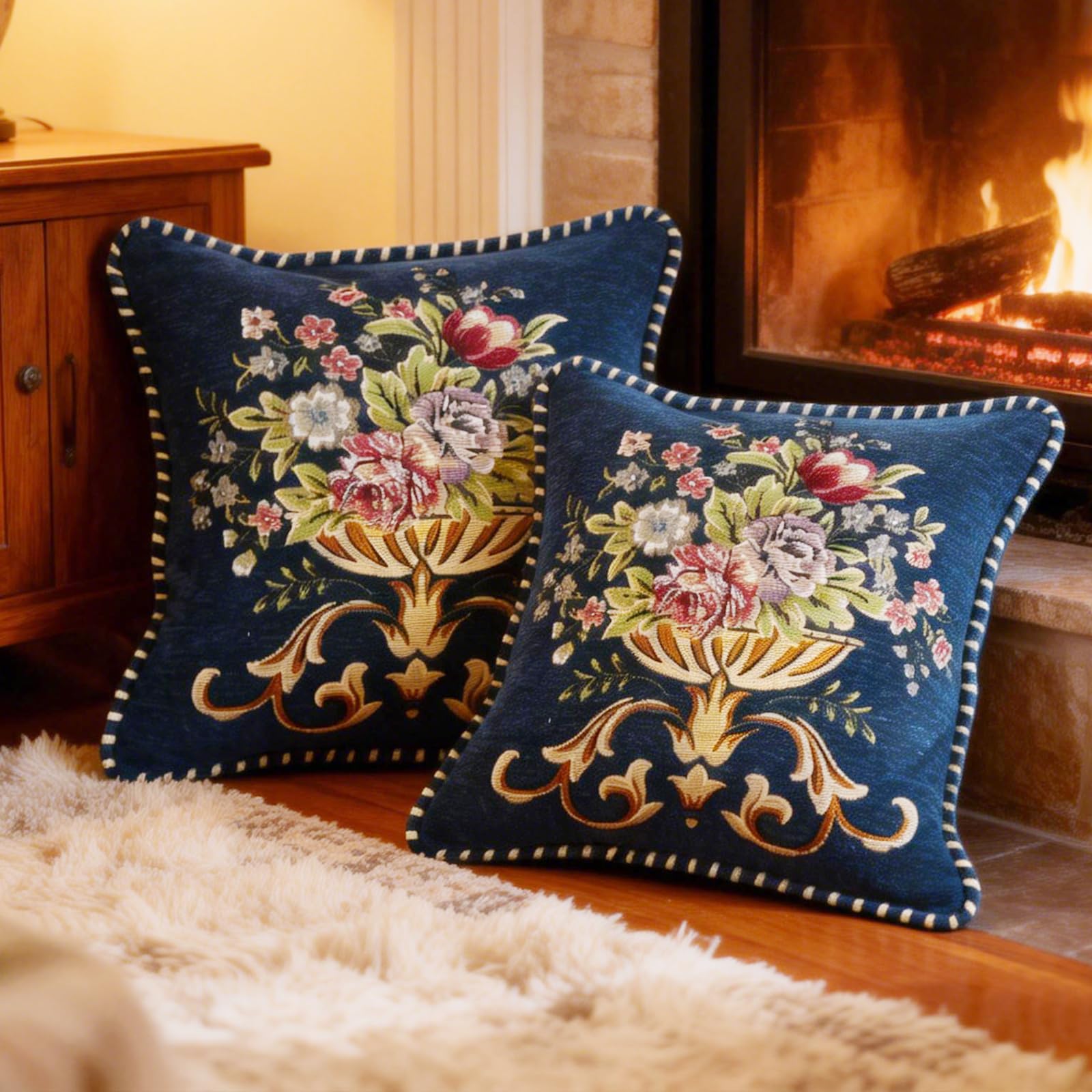 Amazon.com: Qupace Set of 2 Blue Vintage Embroidered Throw Pillows