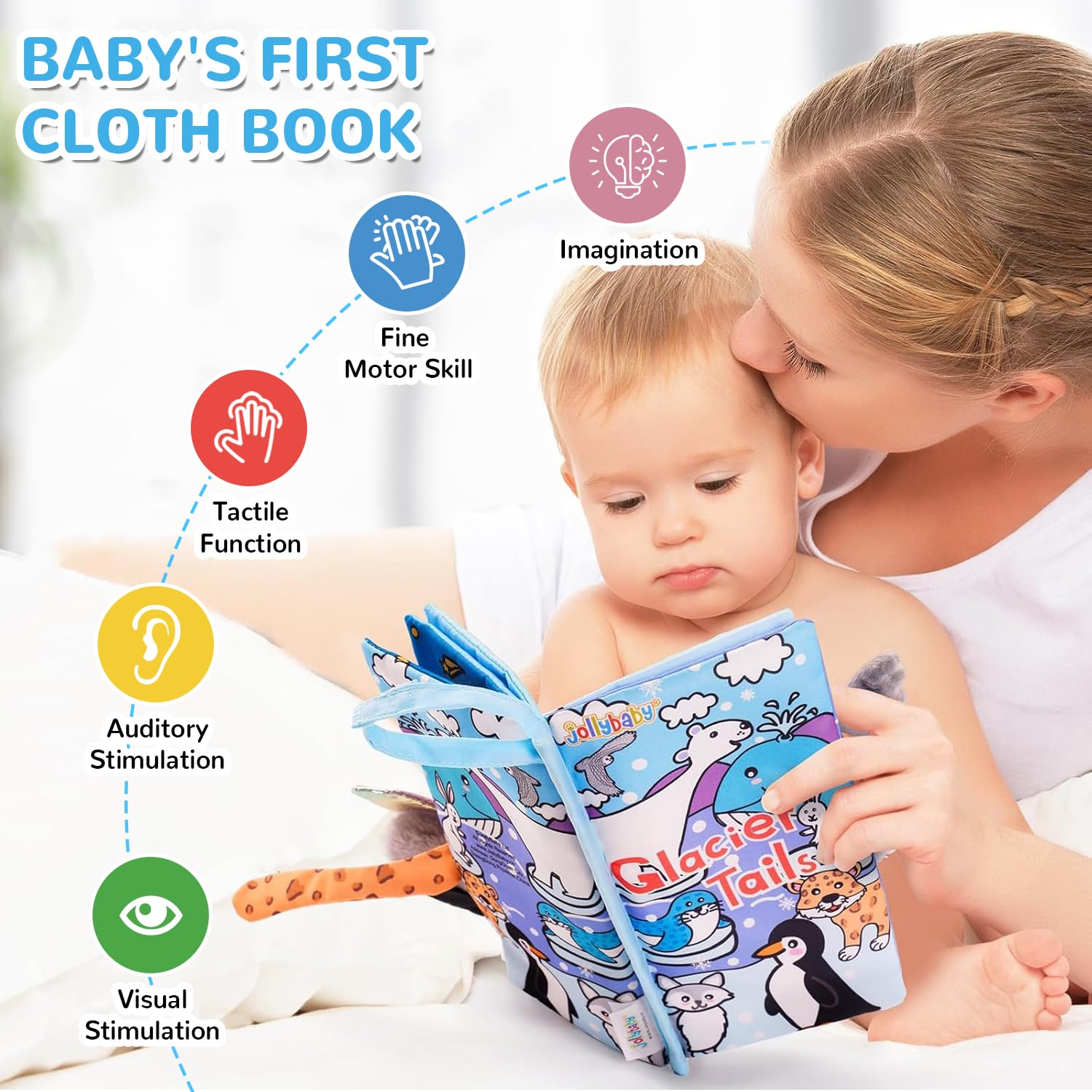 Libros de tela para bebé, libros de cola, libros de actividad arrugados suaves para el desarrollo temprano de los niños pequeños de 3 meses (colas de océano) 4