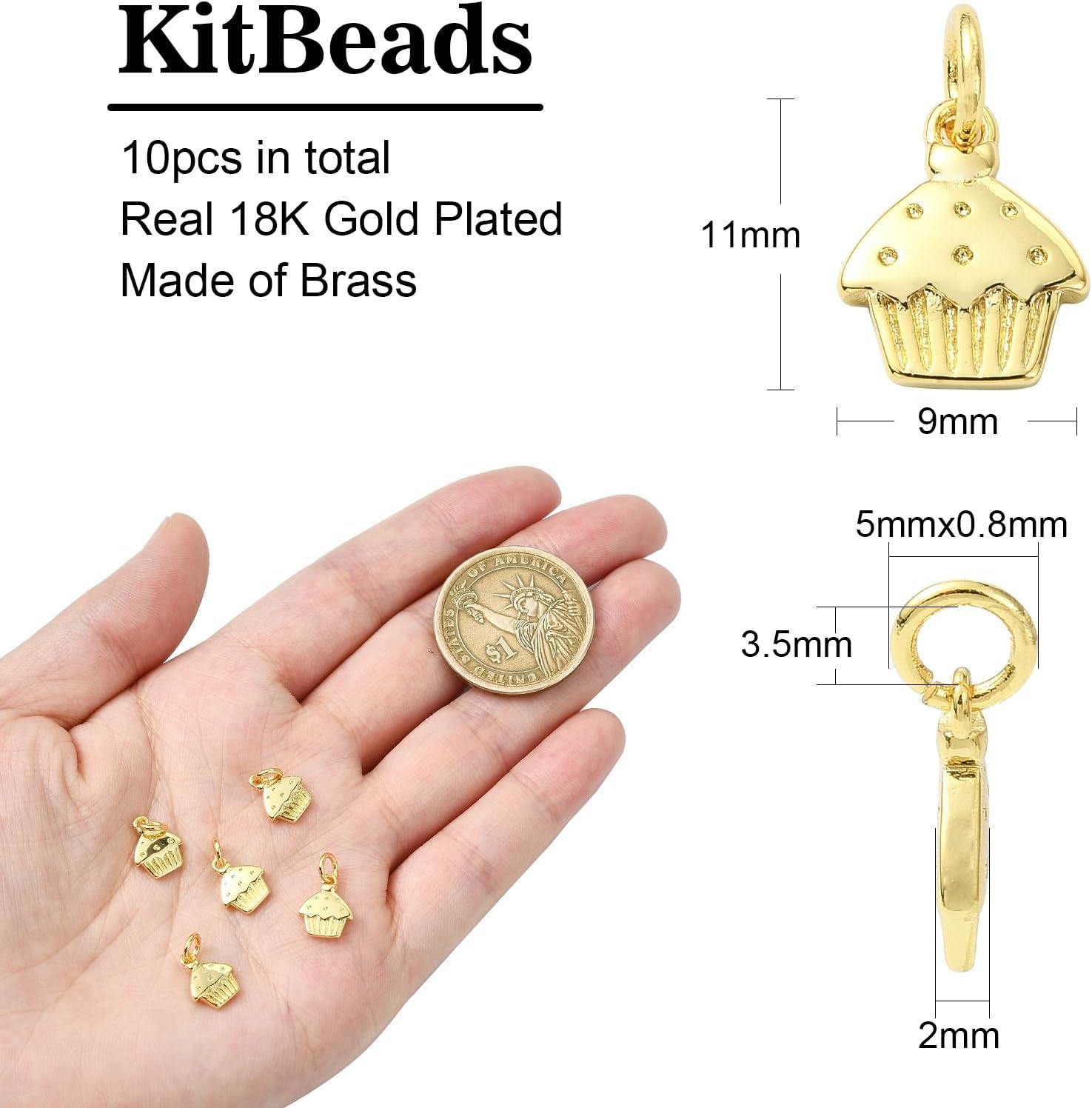 KitBeads 10Pcs 18k Real Gold Plated Cupcake Charm - Brass Sweet Dessert Cake Mini Food Charms With Jump Rings for Jewelry Making Bulk - Image 2