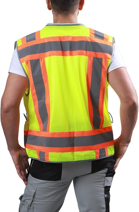 Kolossus Work Vest High Visibility Safety Vests With Pockets Class 2 Padded Neck Zippered Reflective Tape Construction